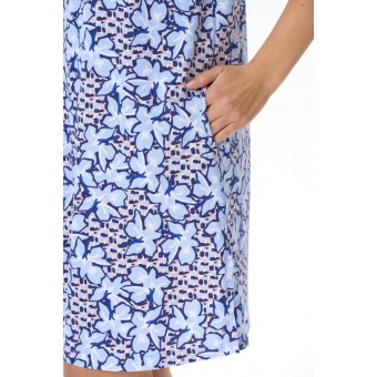 Платье  женское       трикотажное     с коротким рукавом  синее  Цветы