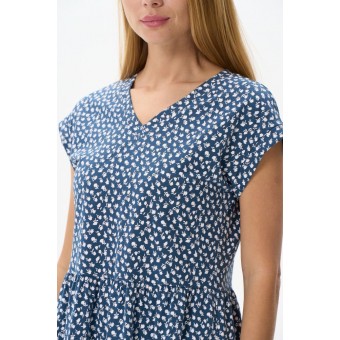 Платье  женское       трикотажное     с коротким рукавом  синее  Цветы   