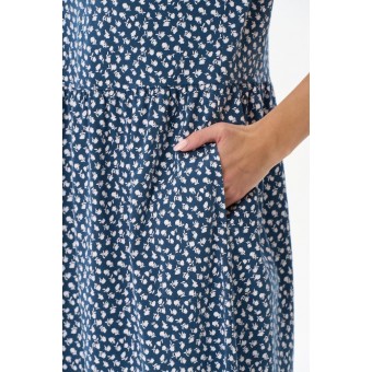 Платье  женское       трикотажное     с коротким рукавом  синее  Цветы   