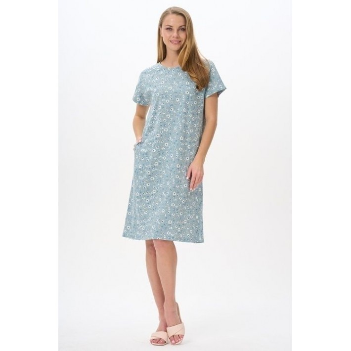Платье женское трикотажное с коротким рукавом зеленое Цветы