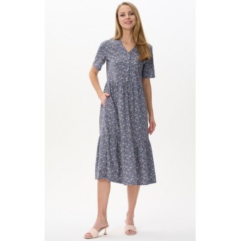 Платье  женское       трикотажное     с коротким рукавом  серое  Цветы
