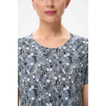 Платье  женское       из кулирки     с коротким рукавом  серое  Цветы