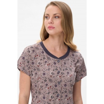 Платье  женское       из кулирки     с коротким рукавом  бежевое  Цветы   