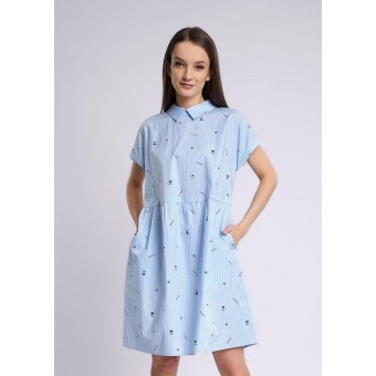 Платье  женское       из поплина     с коротким рукавом  голубое