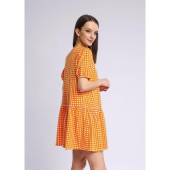 Платье  женское       трикотажное     с коротким рукавом  оранжевое  Клетка   