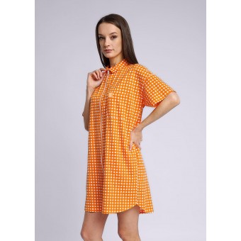 Платье  женское       трикотажное     с коротким рукавом  оранжевое  Клетка   
