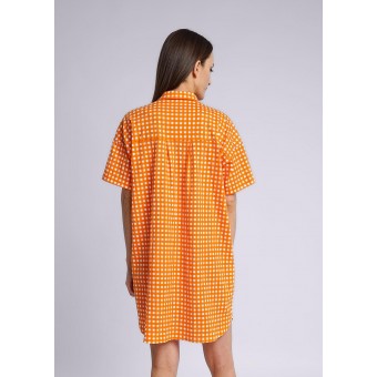 Платье  женское       трикотажное     с коротким рукавом  оранжевое  Клетка   