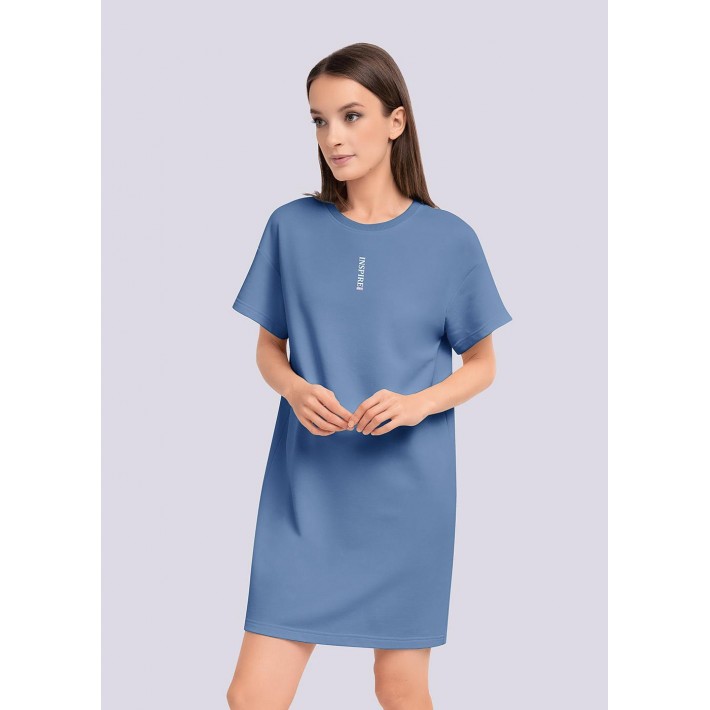 Платье женское из футера с коротким рукавом синее однотонное