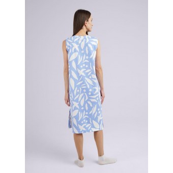 Платье  женское       трикотажное     без рукавов  Голубой, Белый  Листья