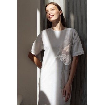 Платье  женское       трикотажное     с коротким рукавом  голубое  Листья