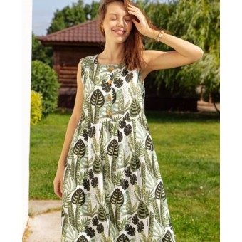 Платье  женское       из льна     без рукавов  зеленое  Листья