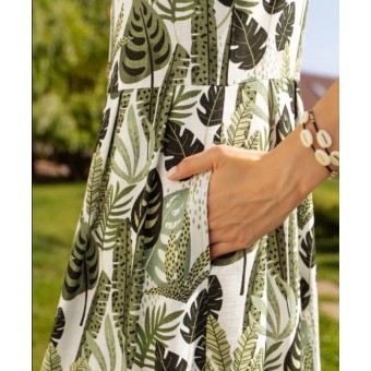 Платье  женское       из льна     без рукавов  зеленое  Листья