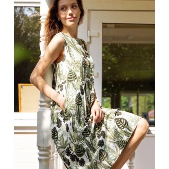 Платье  женское       из льна     без рукавов  зеленое  Листья