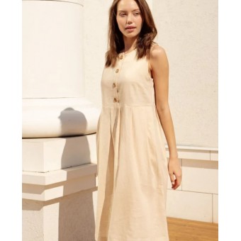 Платье  женское       из льна     без рукавов  бежевое  однотонное   
