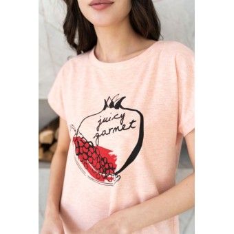 Платье  женское       трикотажное     с коротким рукавом  Персиковый  Принт