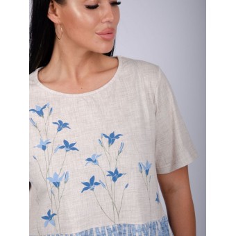 Платье  женское       из кулирки     с коротким рукавом  Бежевый, Голубой  Цветы