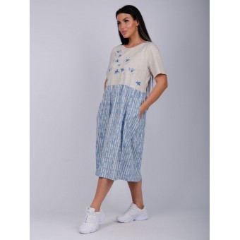 Платье  женское       из кулирки     с коротким рукавом  Бежевый, Голубой  Цветы