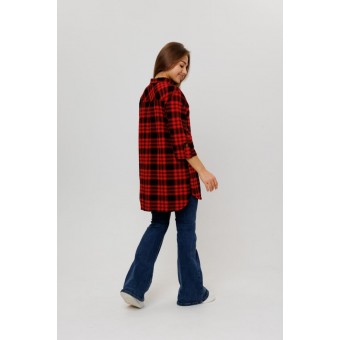 Туника  женская       из кулирки   на пуговицах  с рукавом 3/4  красная  Клетка Kuzina  