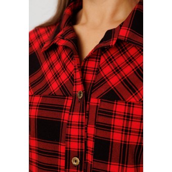 Туника  женская       из кулирки   на пуговицах  с рукавом 3/4  красная  Клетка Kuzina  