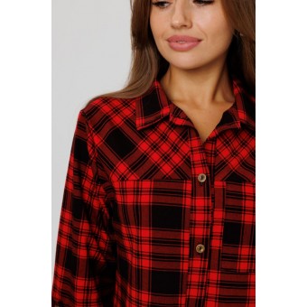 Туника  женская       из кулирки   на пуговицах  с рукавом 3/4  красная  Клетка Kuzina  