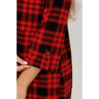 Туника  женская       из кулирки   на пуговицах  с рукавом 3/4  красная  Клетка Kuzina  