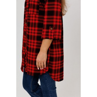 Туника  женская       из кулирки   на пуговицах  с рукавом 3/4  красная  Клетка Kuzina  