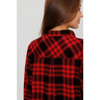Туника  женская       из кулирки   на пуговицах  с рукавом 3/4  красная  Клетка Kuzina  