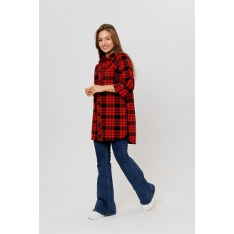 Туника  женская       из кулирки   на пуговицах  с рукавом 3/4  красная  Клетка Kuzina  