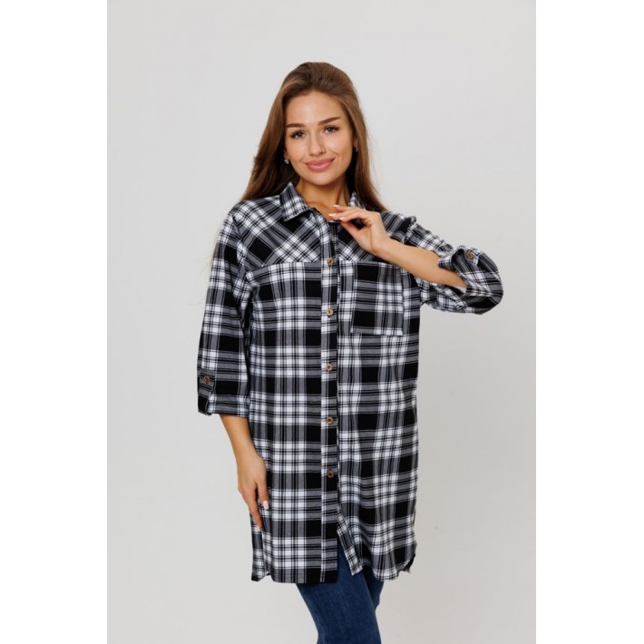 Туника женская из кулирки на пуговицах с рукавом 3/4 черная Клетка Kuzina