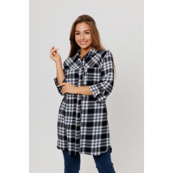 Туника  женская       из кулирки   на пуговицах  с рукавом 3/4  черная  Клетка Kuzina  
