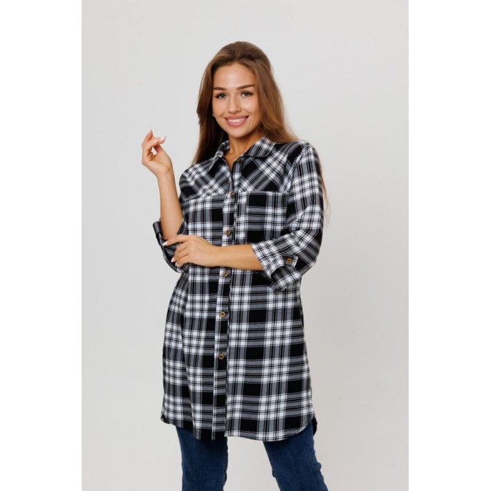Туника женская из кулирки на пуговицах с рукавом 3/4 черная Клетка Kuzina