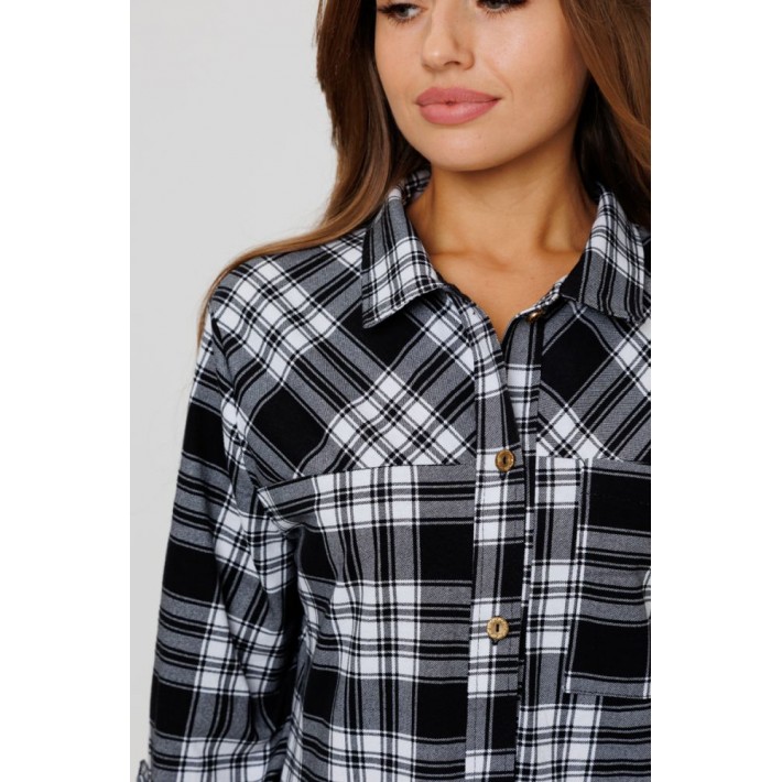 Туника женская из кулирки на пуговицах с рукавом 3/4 черная Клетка Kuzina