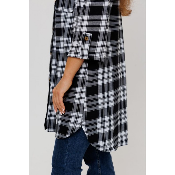 Туника женская из кулирки на пуговицах с рукавом 3/4 черная Клетка Kuzina