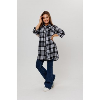 Туника  женская       из кулирки   на пуговицах  с рукавом 3/4  черная  Клетка Kuzina  