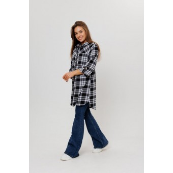 Туника  женская       из кулирки   на пуговицах  с рукавом 3/4  черная  Клетка Kuzina  