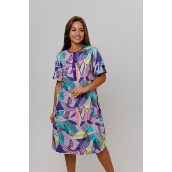 Туника  женская       из кулирки   на пуговицах  с коротким рукавом  розовая  Листья Kuzina