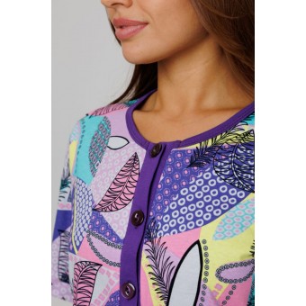 Туника  женская       из кулирки   на пуговицах  с коротким рукавом  розовая  Листья Kuzina