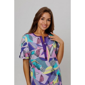 Туника  женская       из кулирки   на пуговицах  с коротким рукавом  розовая  Листья Kuzina