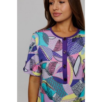 Туника  женская       из кулирки   на пуговицах  с коротким рукавом  розовая  Листья Kuzina