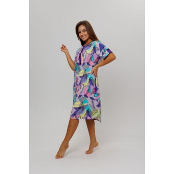 Туника  женская       из кулирки   на пуговицах  с коротким рукавом  розовая  Листья Kuzina