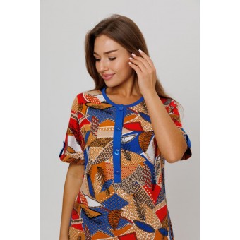 Туника  женская       из кулирки   на пуговицах  с коротким рукавом  коричневая  Листья Kuzina