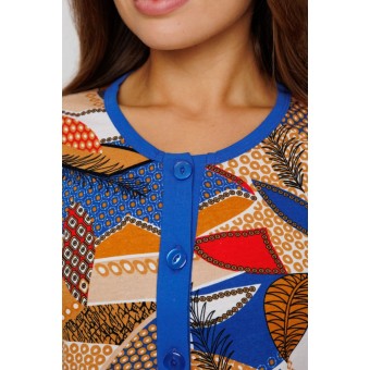 Туника  женская       из кулирки   на пуговицах  с коротким рукавом  коричневая  Листья Kuzina