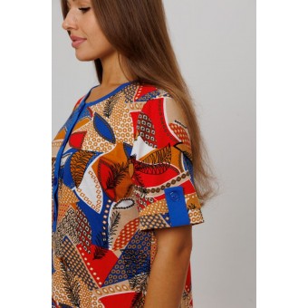 Туника  женская       из кулирки   на пуговицах  с коротким рукавом  коричневая  Листья Kuzina