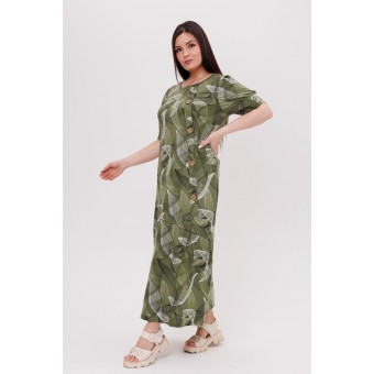 Платье  женское       из кулирки     с коротким рукавом  зеленое  Листья Kuzina
