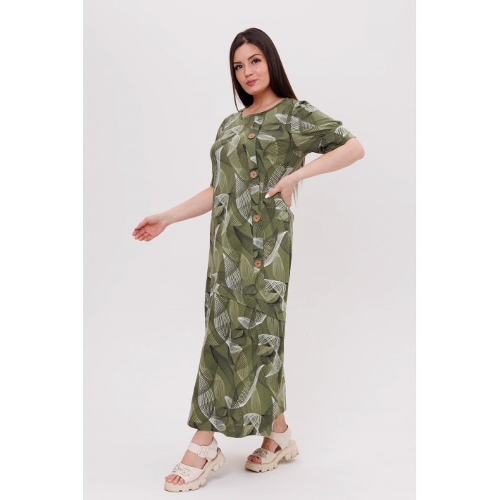 Платье женское из кулирки с коротким рукавом зеленое Листья Kuzina