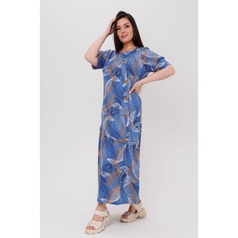 Платье  женское       из кулирки     с коротким рукавом  синее  Листья Kuzina