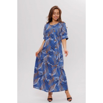 Платье  женское       из кулирки     с коротким рукавом  синее  Листья Kuzina