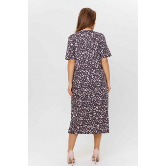 Платье  женское       из кулирки     с коротким рукавом  коричневое  Цветы Kuzina