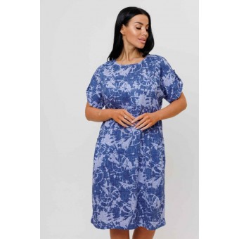 Платье  женское       из кулирки     с коротким рукавом  синее  Абстракция Kuzina  