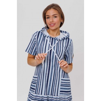 Платье  женское       из кулирки     с коротким рукавом  Белый, Синий  Полоска Kuzina